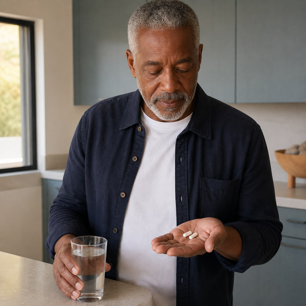 Man in his 60s holding exactly two capsules beside a glass of water