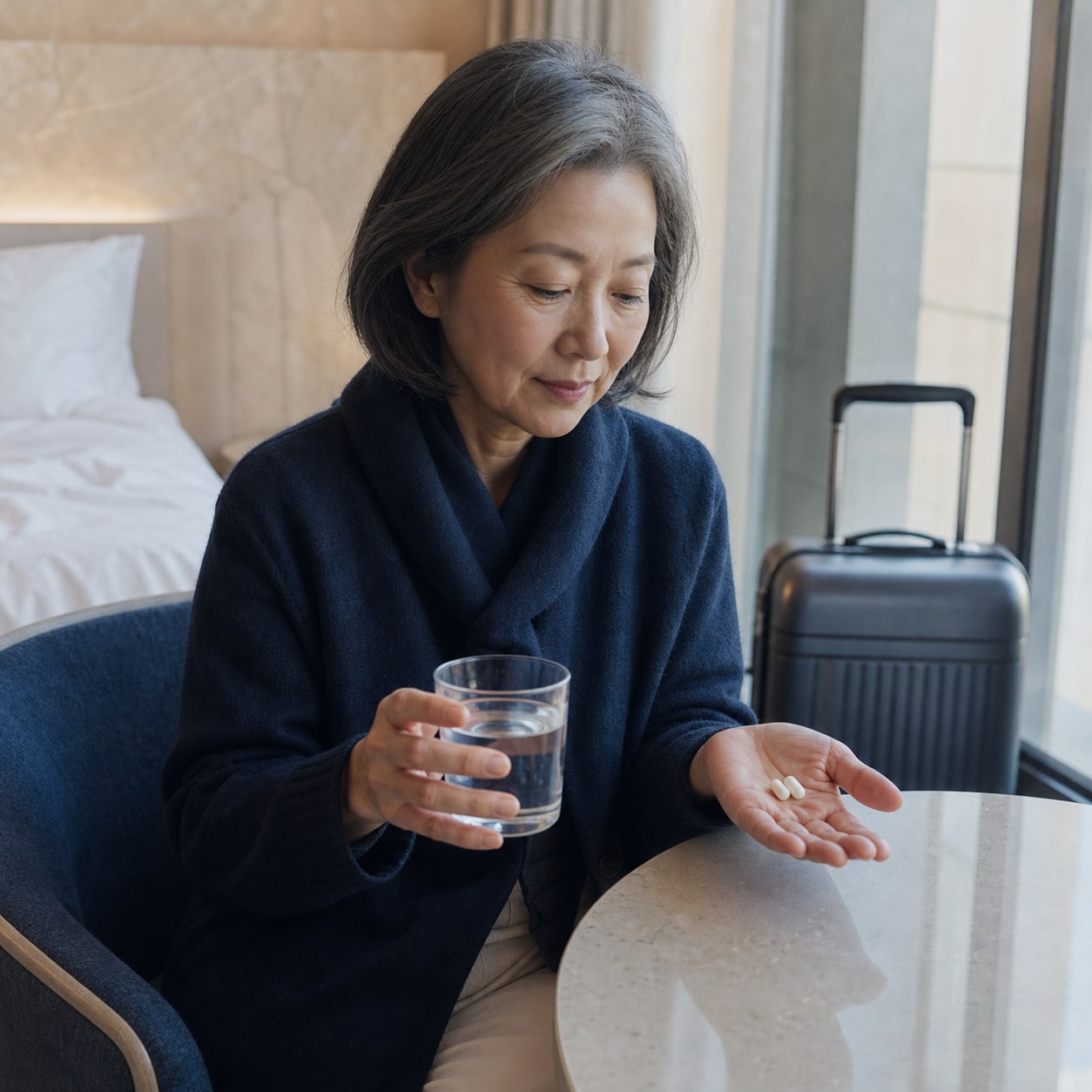 Woman in her 60s holding two capsules and water while traveling